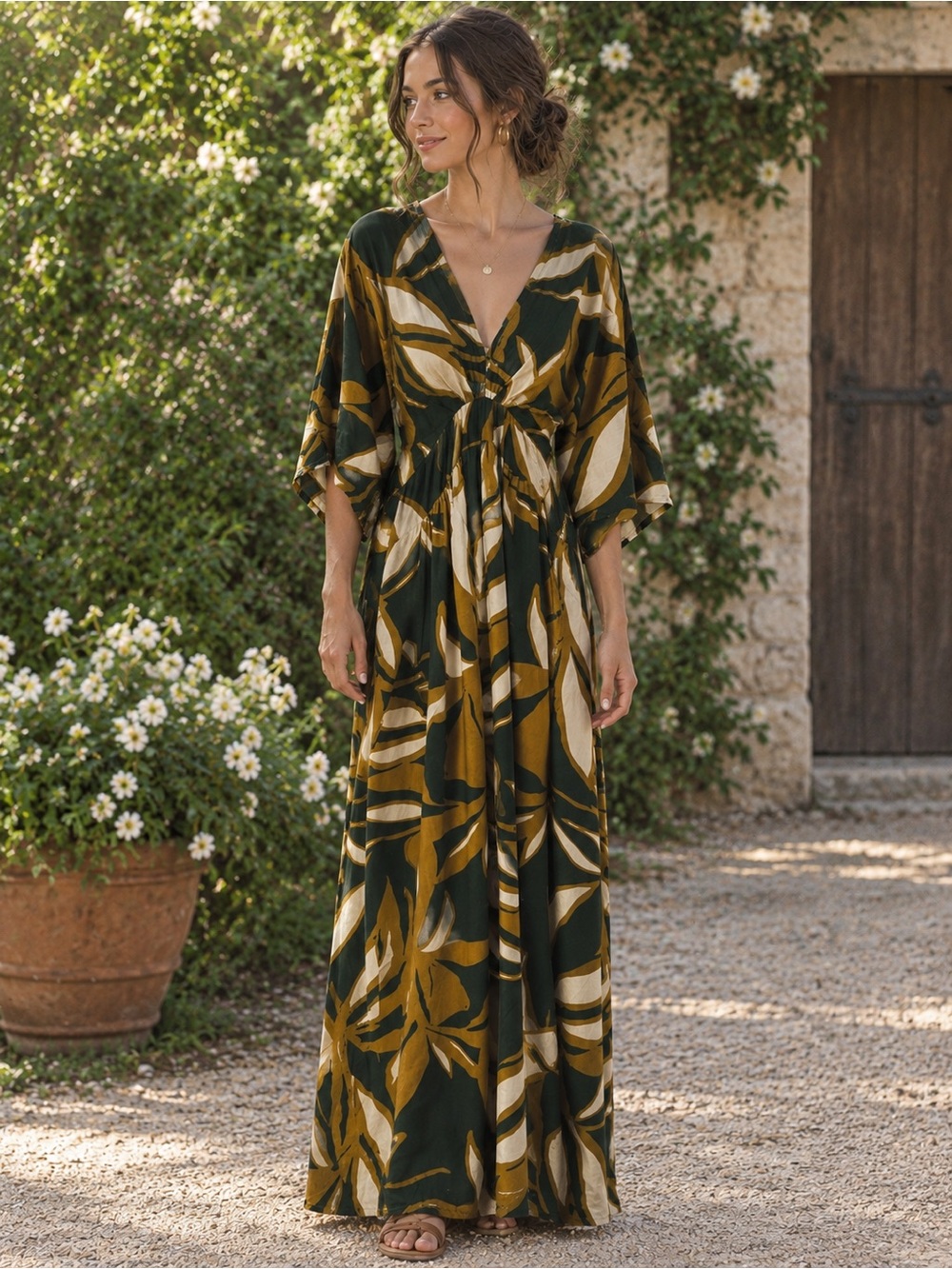 Boho Tropical Dress Forum Kimono Sleeve Maxi Floral Dress Forest Green Tan Cream - Picture 1 of 11